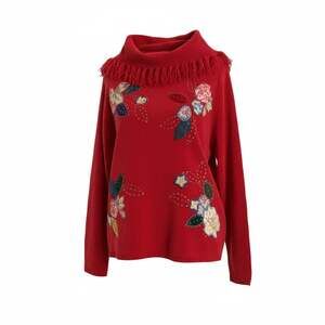 VTG Koret City Blues Red Floral Embroidered Fringe Cowl Neck Swtr XL Cottagecore